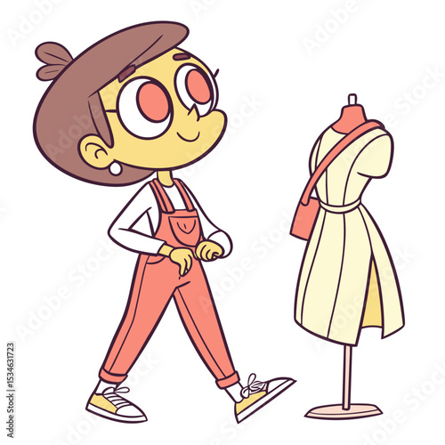 Young girl smiling while walking near a dress form in a studio  