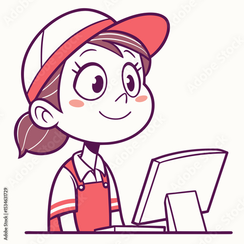 Cartoon girl working at cashier desk with computer and smile  