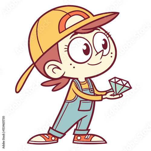 Young girl holding sparkling diamond while wearing cap and overalls  