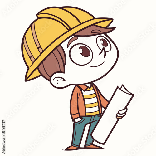 Young boy in hard hat holding blueprint while looking up  