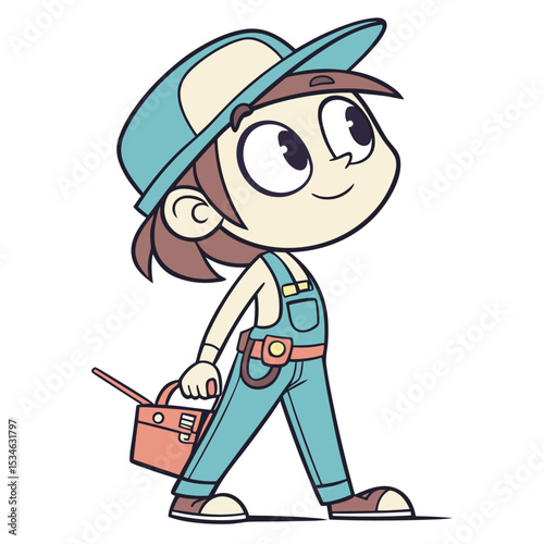 Cartoon boy walking with toolbox in blue overalls and cap  