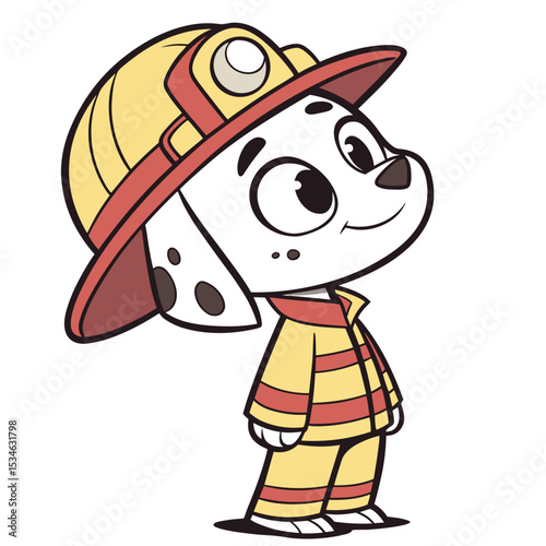 Cartoon dog wearing firefighter uniform and helmet standing proudly  