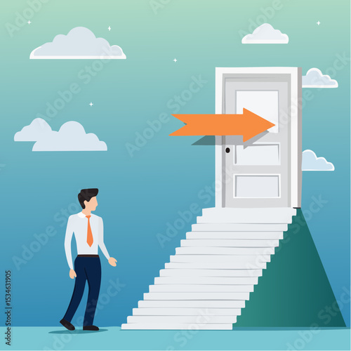 Stairway to new opportunity, success path or open door to career chance, leadership improvement, progress or solving problem concept, businessman open arrow up door to walk up stair to succes
