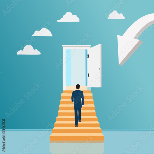 Stairway to new opportunity, success path or open door to career chance, leadership improvement, progress or solving problem concept, businessman open arrow up door to walk up stair to succes