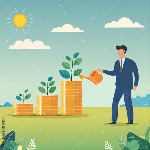 Compound interest growth, savings, investment or wealth accumulation formula, interest rate principal, profit or earning, prosperity concept, businessman watering compound interest seedling growt