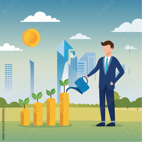 Compound interest growth, savings, investment or wealth accumulation formula, interest rate principal, profit or earning, prosperity concept, businessman watering compound interest seedling growt
