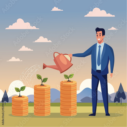 Compound interest growth, savings, investment or wealth accumulation formula, interest rate principal, profit or earning, prosperity concept, businessman watering compound interest seedling growt