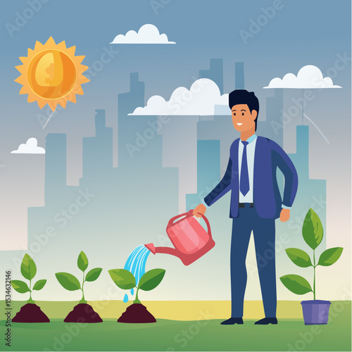 Compound interest growth, savings, investment or wealth accumulation formula, interest rate principal, profit or earning, prosperity concept, businessman watering compound interest seedling growt