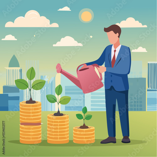 Compound interest growth, savings, investment or wealth accumulation formula, interest rate principal, profit or earning, prosperity concept, businessman watering compound interest seedling growt