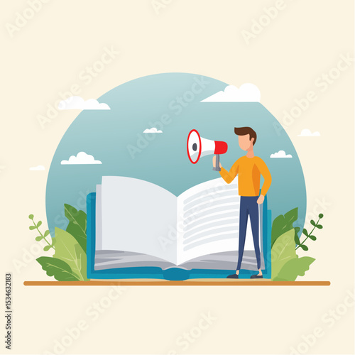 Storytelling communicate brand story or idea to listener, narrative message, content or article writing or advertising creativity concept, young man on opening book telling story on megaphon