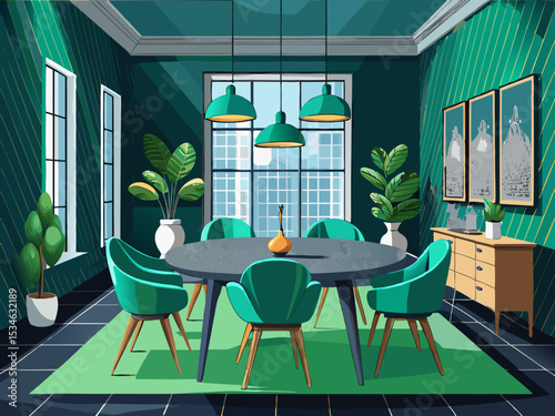 vector of Stylish dining room layout with green chairs and dark gray wallpaper bush modern home interior design.