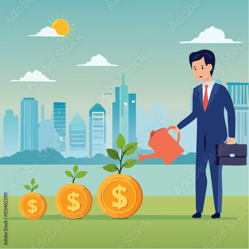 Compound interest growth, savings, investment or wealth accumulation formula, interest rate principal, profit or earning, prosperity concept, businessman watering compound interest seedling growt