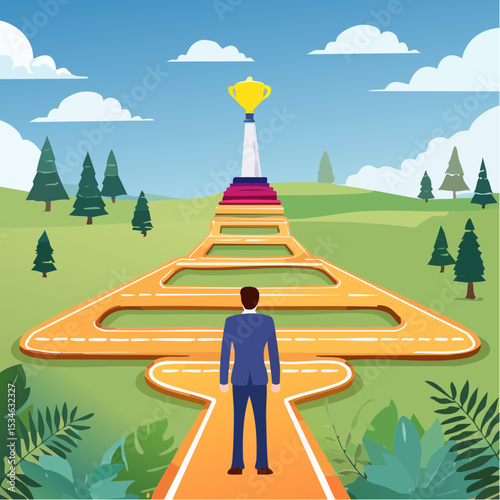 Success roadmap journey, milestone or career path achievement, route or pathway to achieve goals, accomplishment, assessment or way to success, businessman look at achievement milestone to succes