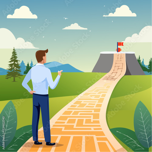 Success roadmap journey, milestone or career path achievement, route or pathway to achieve goals, accomplishment, assessment or way to success, businessman look at achievement milestone to succes