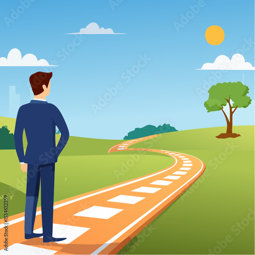 Success roadmap journey, milestone or career path achievement, route or pathway to achieve goals, accomplishment, assessment or way to success, businessman look at achievement milestone to succes