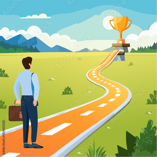 Success roadmap journey, milestone or career path achievement, route or pathway to achieve goals, accomplishment, assessment or way to success, businessman look at achievement milestone to succes
