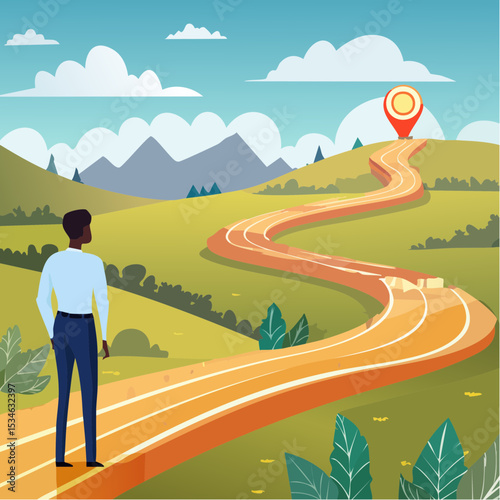 Success roadmap journey, milestone or career path achievement, route or pathway to achieve goals, accomplishment, assessment or way to success, businessman look at achievement milestone to succes