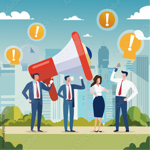 Important announcement, attention or warning information, breaking news or urgent message communication, alert and beware concept, business people announce on megaphone with attention exclamation si