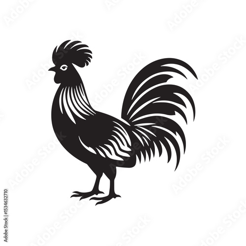 Regal Junglefowl Silhouette Vector Art – Wild Ancestral Rooster Design with Striking Tail Feathers, Minimal Black Outline Perfect for Farm Icons, Nature Graphics, and Tribal Decor
