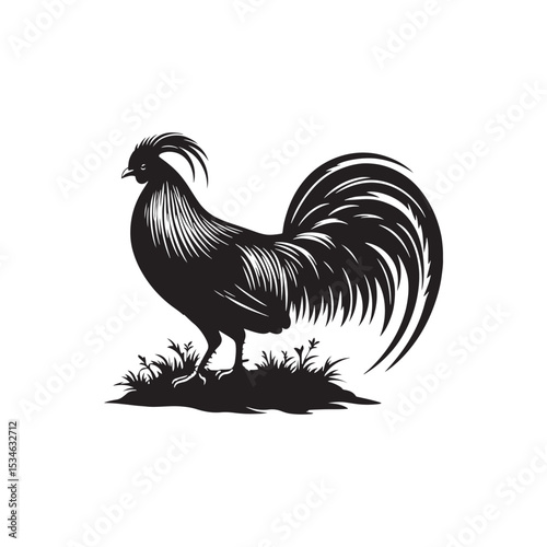 Regal Junglefowl Silhouette Vector Art – Wild Ancestral Rooster Design with Striking Tail Feathers, Minimal Black Outline Perfect for Farm Icons, Nature Graphics, and Tribal Decor
