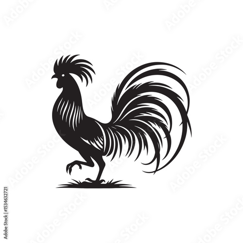 Regal Junglefowl Silhouette Vector Art – Wild Ancestral Rooster Design with Striking Tail Feathers, Minimal Black Outline Perfect for Farm Icons, Nature Graphics, and Tribal Decor
