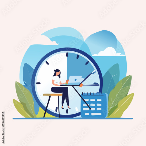 Part-time job, work tracking system, day planning or time management, side hustle or office work deadline, start and end time schedule concept, businesswoman working with laptop on split time cloc