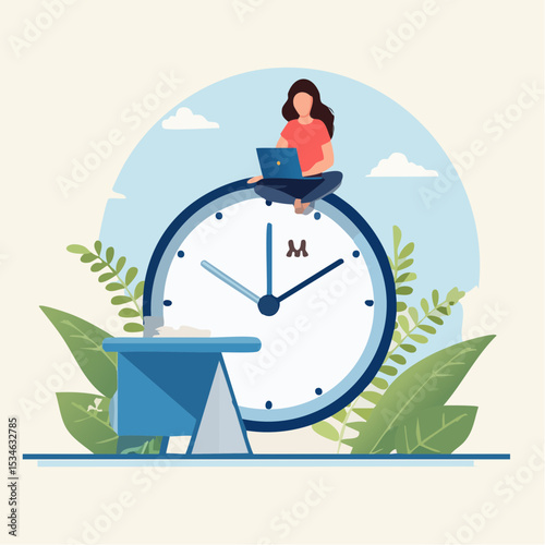 Part-time job, work tracking system, day planning or time management, side hustle or office work deadline, start and end time schedule concept, businesswoman working with laptop on split time cloc