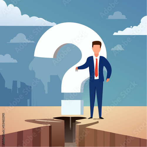 Problem solution, solve question mark, uncertainty or confusion, advice decision or challenge to overcome issue, trouble or difficulty concept, businessman cut question mark metaphor of .