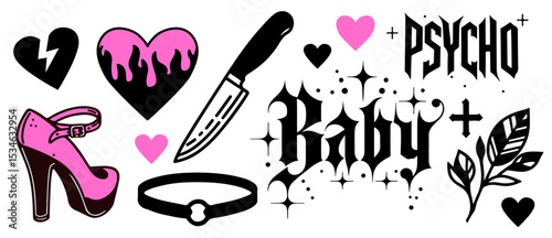Vector illustration in bold tattoo-inspired style. Features hearts, knife, platform shoe, collar, leaves, stars, and gothic-type text, fitting current alt-pop graphics.