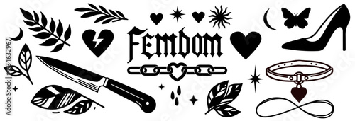 Vector illustration in bold black and white, using modern tattoo style. It features hearts, leaves, knife, shoe, collar, and decorative symbols, reflecting trendy minimalistic and gothic motifs.