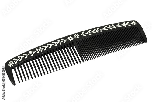 Close up shot of a black plastic comb with white floral design on a white background surface