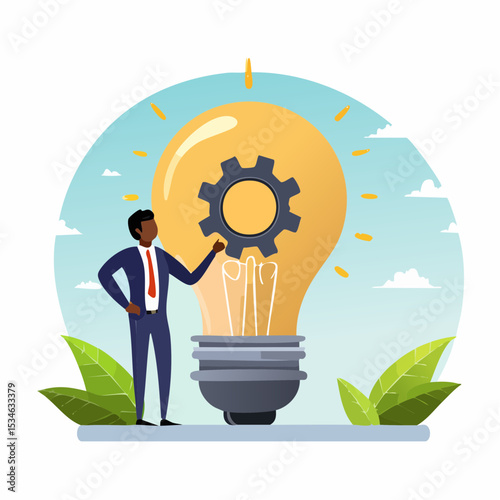 Innovation or product development, idea or solution to solve business problem, invention or technology creation to build new product, efficiency concept, businessman build gear in lightbulb ide