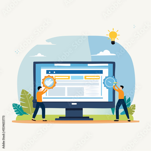 Website development, build homepage layout or html designer, SEO search engine optimization or site template creation concept, business people help carry web banner create website on computer .
