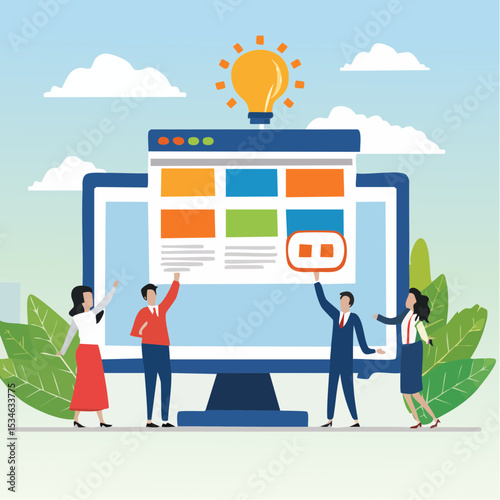Website development, build homepage layout or html designer, SEO search engine optimization or site template creation concept, business people help carry web banner create website on computer .