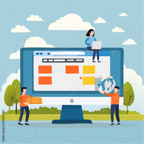 Website development, build homepage layout or html designer, SEO search engine optimization or site template creation concept, business people help carry web banner create website on computer .
