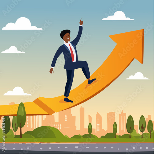 Increase business success, financial achievement, challenge or work performance, upward or rising expertise employee concept, confidence businessman ride upward rising success arrow upward direction