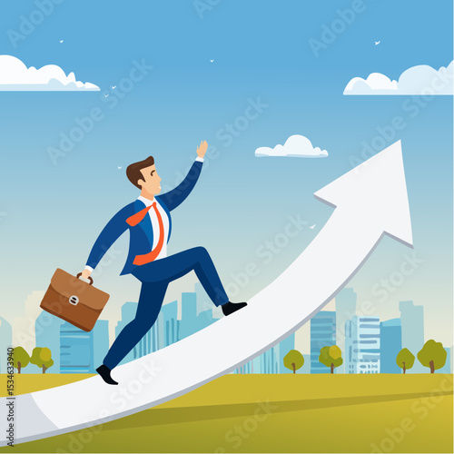 Increase business success, financial achievement, challenge or work performance, upward or rising expertise employee concept, confidence businessman ride upward rising success arrow upward direction