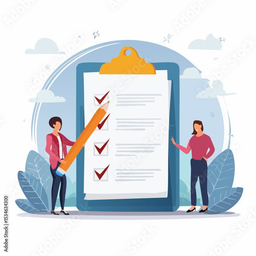Checklist to complete project task, accomplish work checkmark, todo list clipboard or project status report, plan to finish work concept, business people holding pencil complete task checkbo