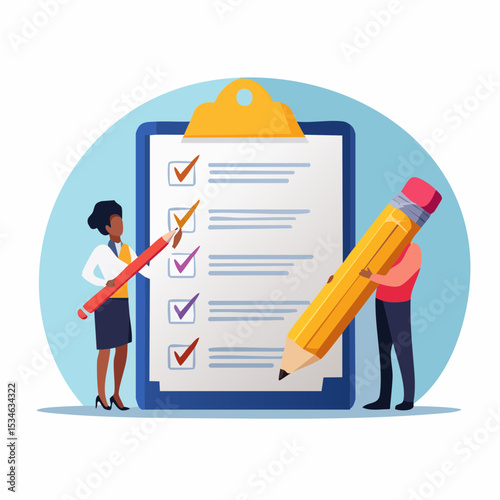 Checklist to complete project task, accomplish work checkmark, todo list clipboard or project status report, plan to finish work concept, business people holding pencil complete task checkbo