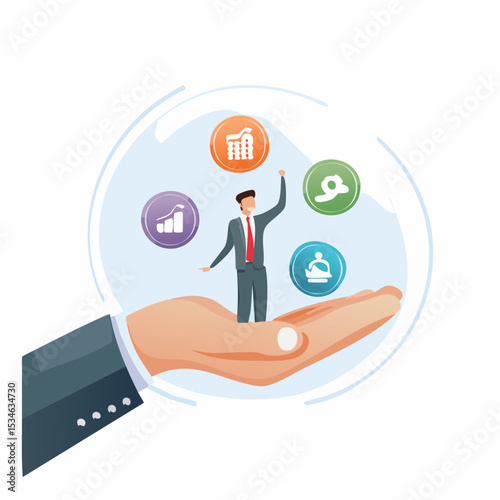 Skill, work experience or ability development, expertise success, leadership or communication to success, learning skills, wisdom concept, businessman hand hold multiple skills set to achieve succes