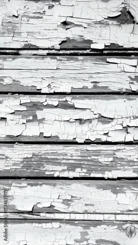 Close up of weathered wooden wall with white paint peeling off. Aged planks with visible wood grain creating rustic textured surface.