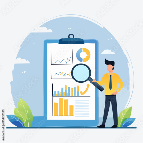 Analysis report research result, chart and diagram dashboard, financial graph statistics, analyze data, SEO or optimization concept, businessman with magnifying glass analyze research chart and grap