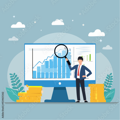 Analysis report research result, chart and diagram dashboard, financial graph statistics, analyze data, SEO or optimization concept, businessman with magnifying glass analyze research chart and grap