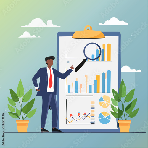 Analysis report research result, chart and diagram dashboard, financial graph statistics, analyze data, SEO or optimization concept, businessman with magnifying glass analyze research chart and grap