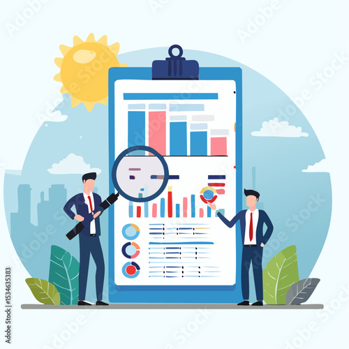Analysis report research result, chart and diagram dashboard, financial graph statistics, analyze data, SEO or optimization concept, businessman with magnifying glass analyze research chart and grap