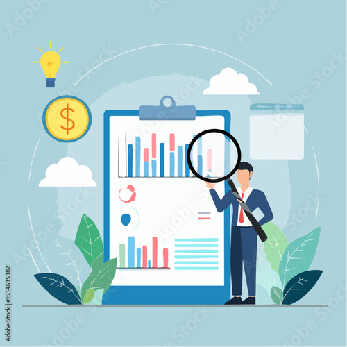 Analysis report research result, chart and diagram dashboard, financial graph statistics, analyze data, SEO or optimization concept, businessman with magnifying glass analyze research chart and grap