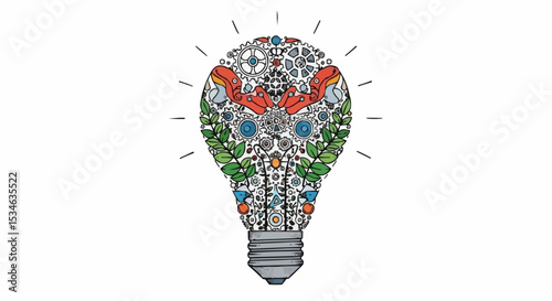Creative light bulb design with gears and leaves for innovation and eco friendly technology concept art idea