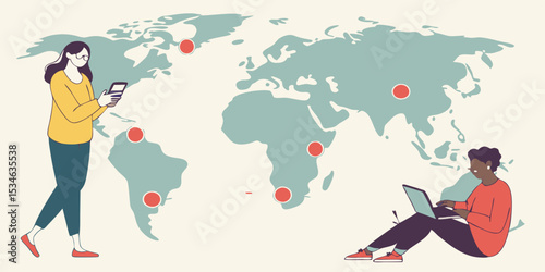 Global communication network connecting people around the world with technology and world map design concept