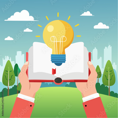 Exploring Creativity Through Reading, Enlightening Ideas and Solutions, Hand Holding Open Book Illuminating Wisdom and Inspiration for Skill Development.