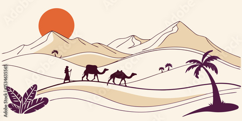 Desert landscape with camels and mountains under the sun travel adventure scenic background illustration 100